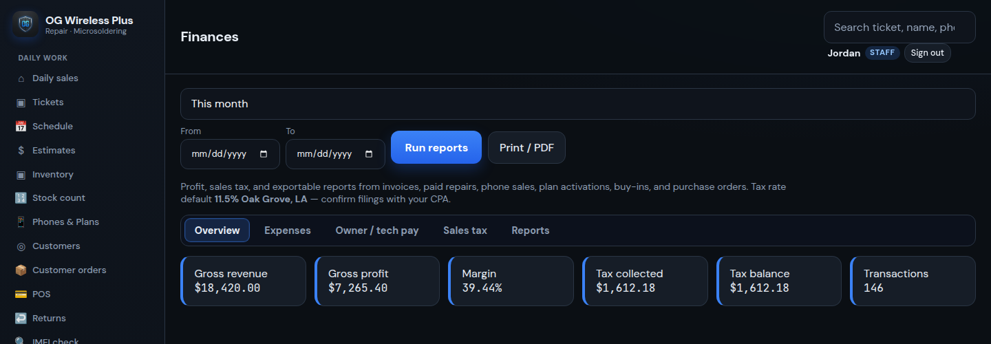 Monthly finances with revenue, profit, margin, and sales tax