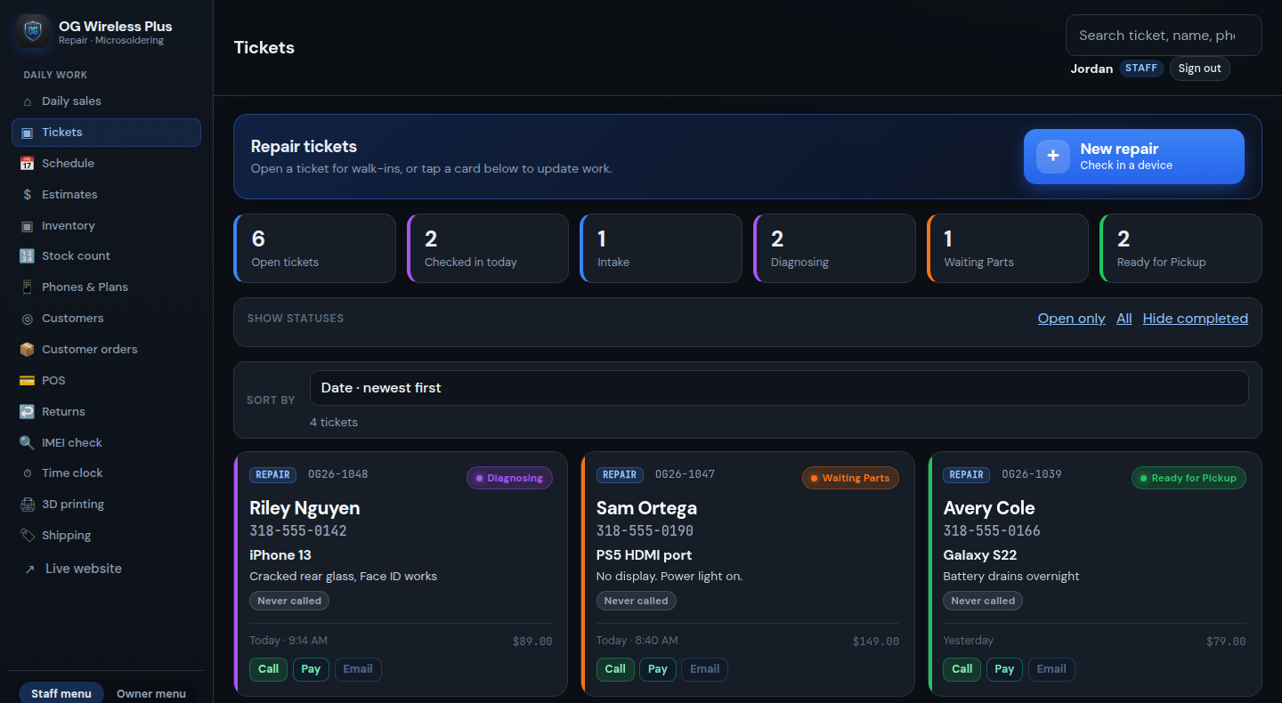 Repair ticket board with open jobs, statuses, and prices